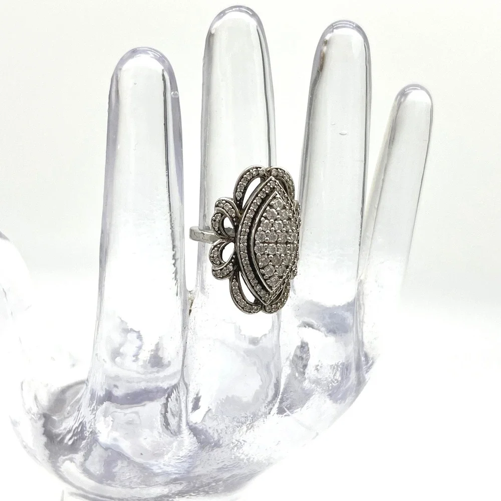 Ornate Marquee Ring Cubic Zirconia Pave Sterling Silver Statement‎ Cocktail Ring